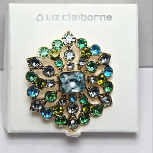 Vintage Liz Claiborne Blue Green Gold Tone Rhinestones Snowflake Brooch Pin